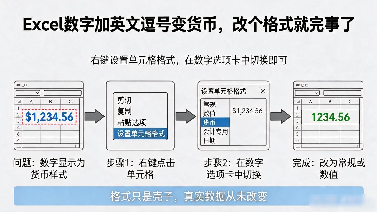 Excel数字加英文逗号变货币，改个格式就完事了